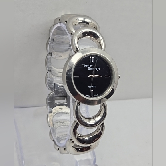 Womens Steel By Design QVC Swiss Watch Silver Tone Black Dial New Battery main image 5